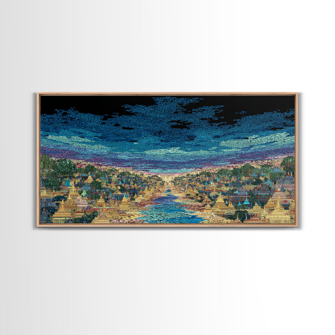 Glowing River City Skyline At Twilight Wall Art, African Inspired Landscape, Luxury Canvas Decor, Living Room Statement Gift