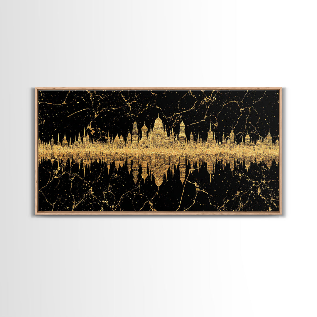 Golden Temple Skyline Reflection Framed Canvas Print, African Inspired Black And Gold Wall Decor, Luxury Statement Art Gift