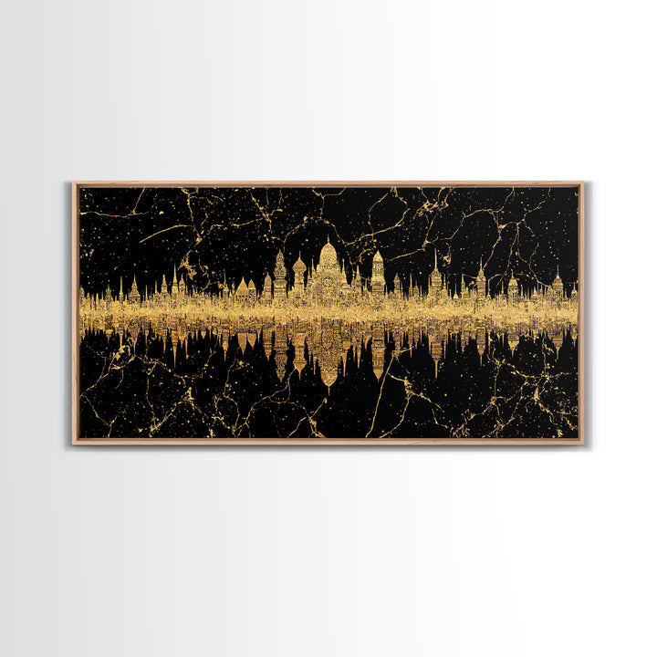 Golden Temple Skyline Reflection Framed Canvas Print, African Inspired Black And Gold Wall Decor, Luxury Statement Art Gift