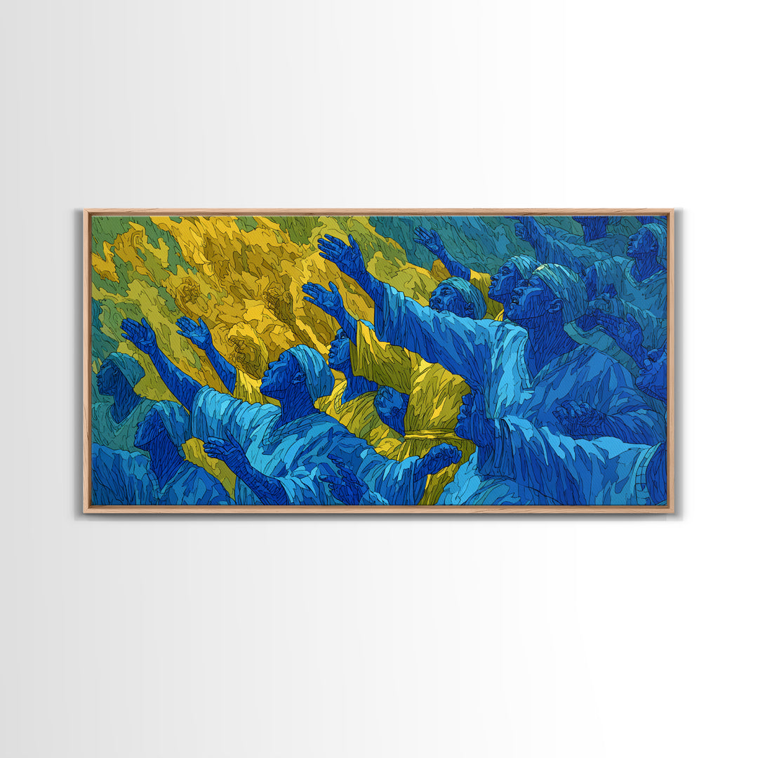 Blue And Gold African Praise Crowd Wall Art, Spiritual Celebration, Afrocentric Cultural Decor, Living Room Home Decor Gift