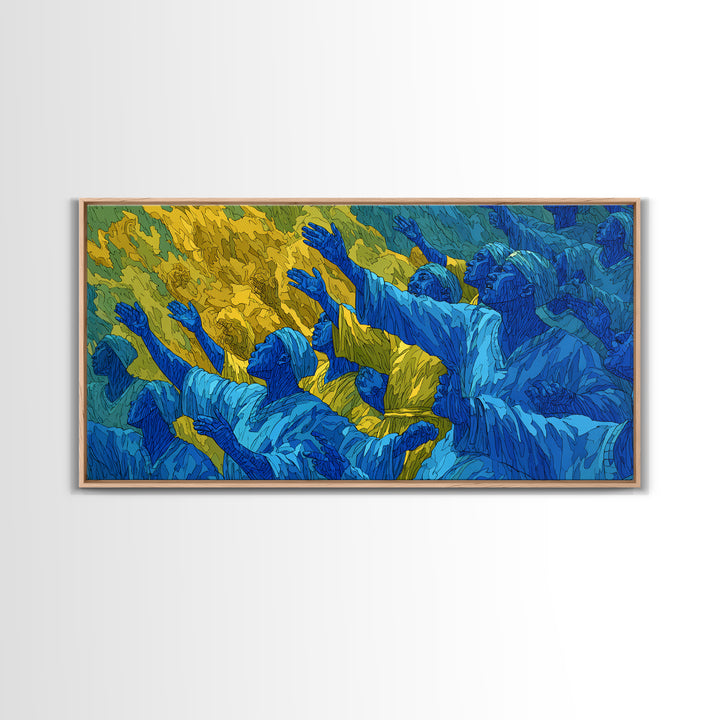 Blue And Gold African Praise Crowd Wall Art, Spiritual Celebration, Afrocentric Cultural Decor, Living Room Home Decor Gift