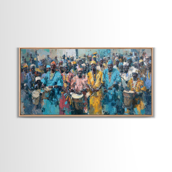 Vibrant African Drumming Procession Framed Canvas Print, Cultural Celebration Wall Decor, Afrocentric Home Decor Gift Art