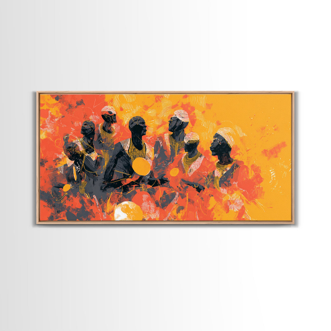 Orange African Drummers Wall Art, Tribal Music Painting, African Women Art, Afrocentric Decor, Cultural Home Decor Canvas Print