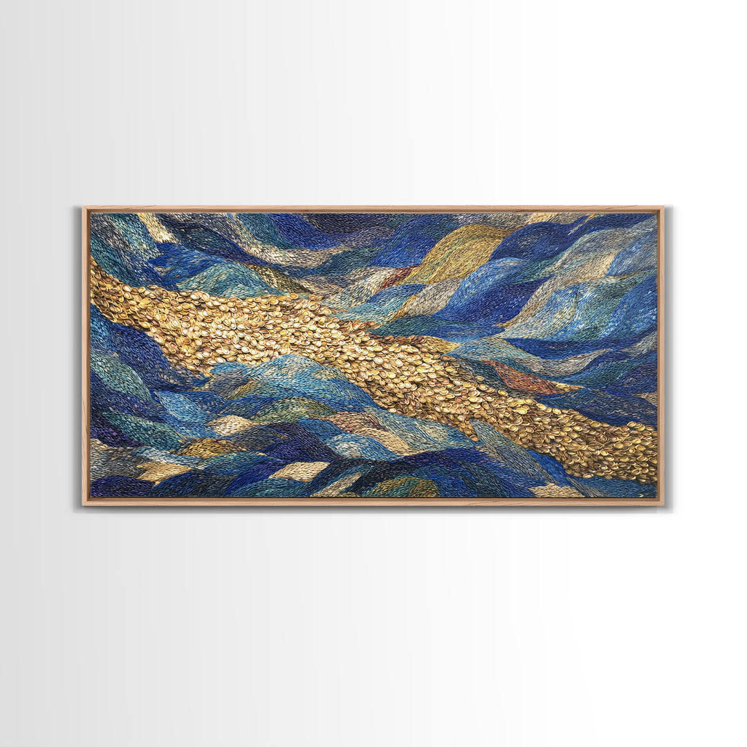 Blue Gold River Mosaic Wall Art, African Landscape, Textured Art Print, Coastal Abstract Decor, Modern Large Canvas Print