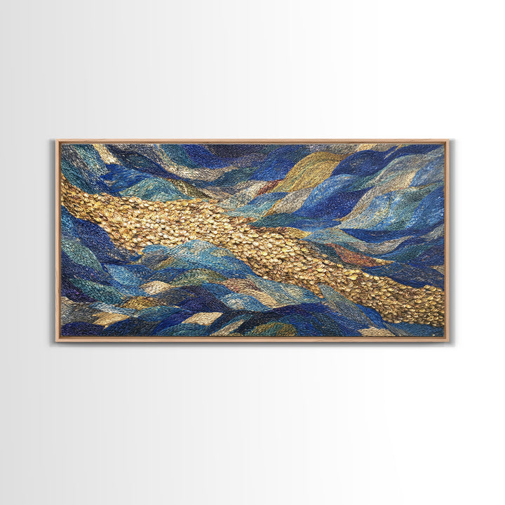 Blue Gold River Mosaic Wall Art, African Landscape, Textured Art Print, Coastal Abstract Decor, Modern Large Canvas Print