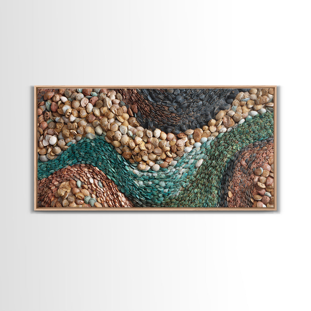 Teal Earth Shell Landscape Wall Art, Textured African Abstract, Boho Wall Decor, Nature Inspired Home Decor Framed Canvas Print