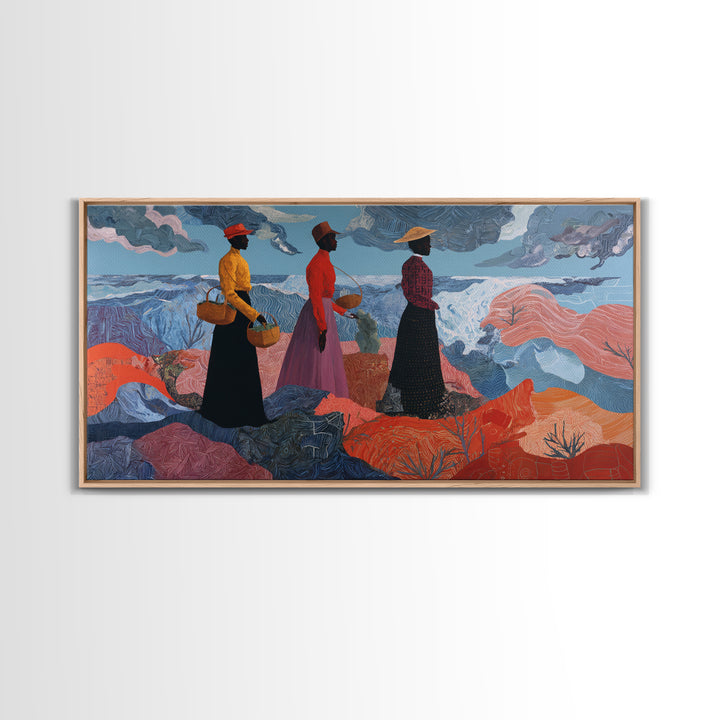 Three African Women By Stormy Sea Wall Art, Coastal Figurative Painting, Afrocentric Decor, Black Culture Art Print, Home Decor