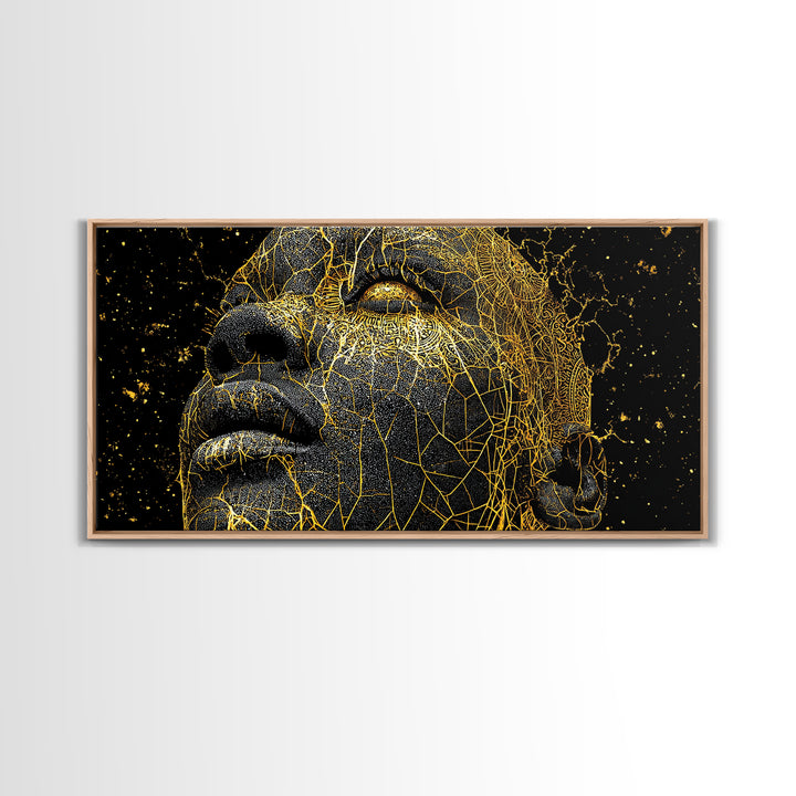 Golden Cracked Black Face Portrait Canvas Print, Abstract African Art, Melanin Artwork, Modern Black Art Decor, Gift For Him