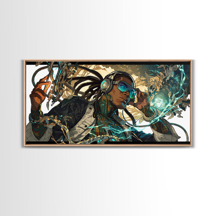 Afrofuturist Black Woman With Headphones Framed Canvas Print, Sci Fi Portrait, Afrocentric Wall Art, Digital Art Decor Gift