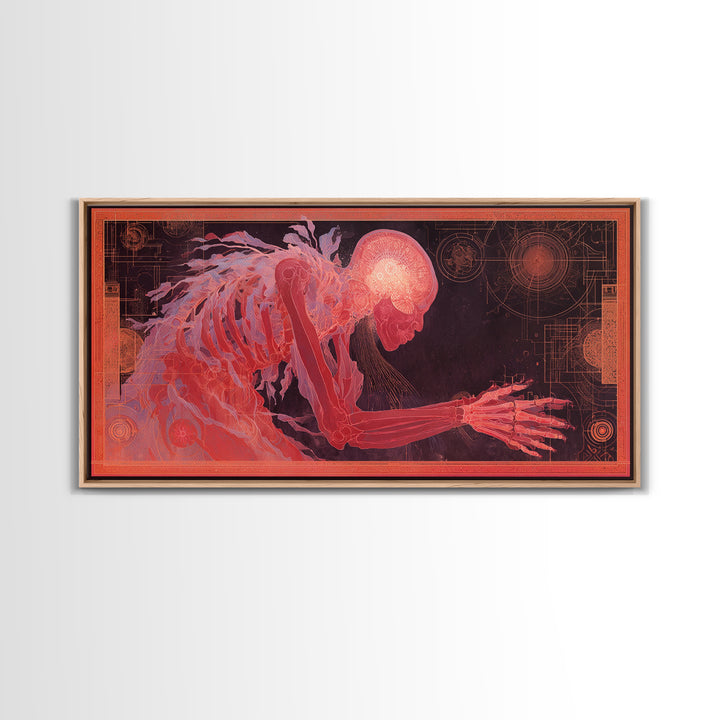 Pink Cybernetic Spirit Skeleton Framed Canvas Print, Futuristic Sci Fi Anatomy Wall Art, Mystical Afrocentric Decor Gift