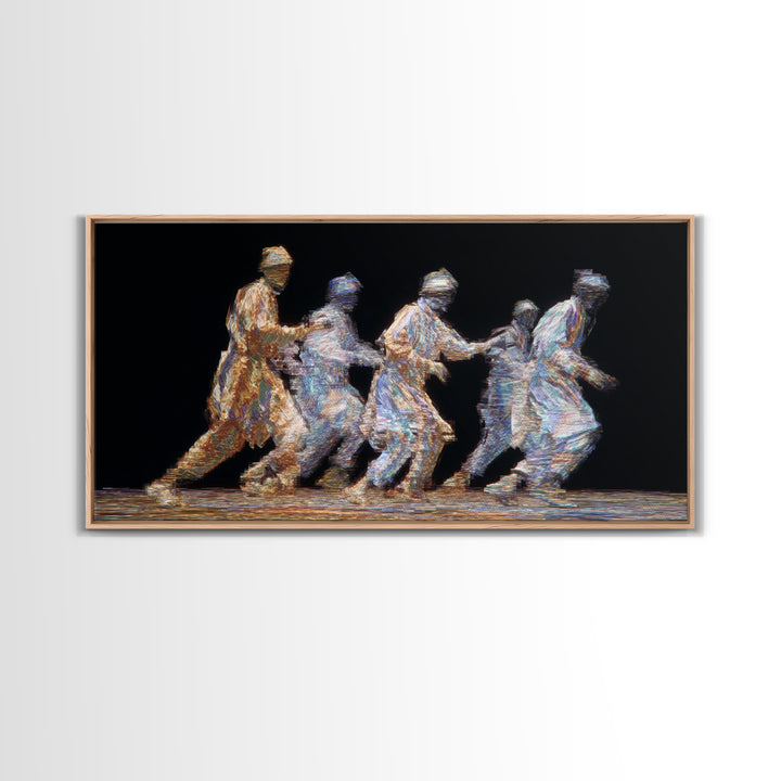 Five Glowing Figures Running On Black Canvas Print, Abstract Motion Wall Art, African Diaspora Art, Modern Home Decor Gift