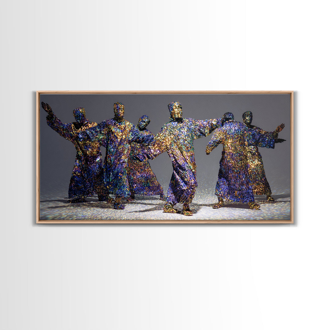 Shimmering Abstract African Figures Dancing Framed Canvas Print, Gold Black Art, Contemporary Afrocentric Wall Decor, Luxury Canvas Art