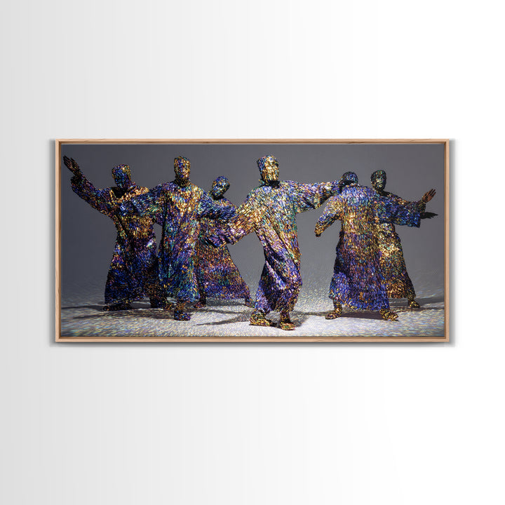 Shimmering Abstract African Figures Dancing Framed Canvas Print, Gold Black Art, Contemporary Afrocentric Wall Decor, Luxury Canvas Art