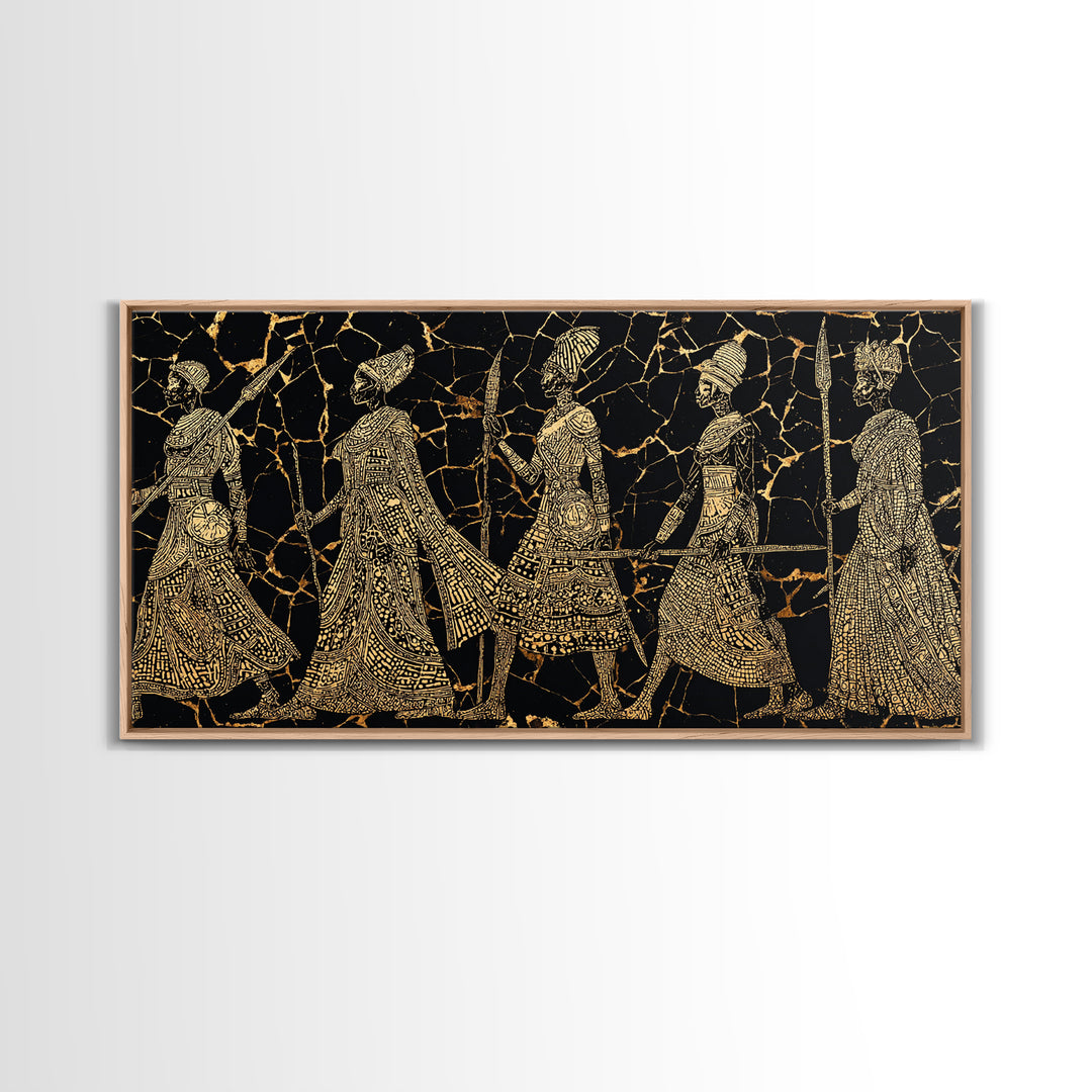 Gold Tribal Women Procession On Black Wall Art, African Patterns, Elegant Cultural Decor, Boho African Canvas Print For Bedroom