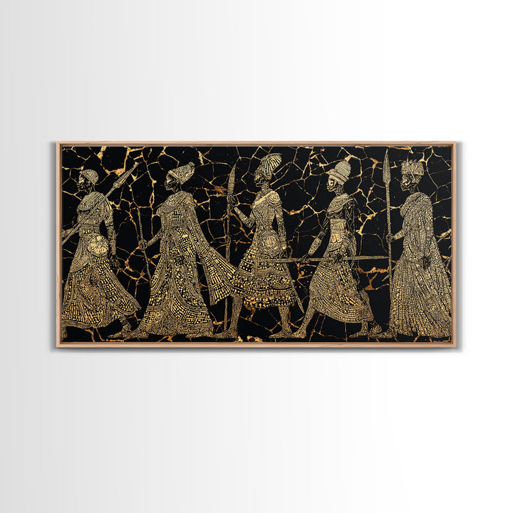 Gold Tribal Women Procession On Black Wall Art, African Patterns, Elegant Cultural Decor, Boho African Canvas Print For Bedroom