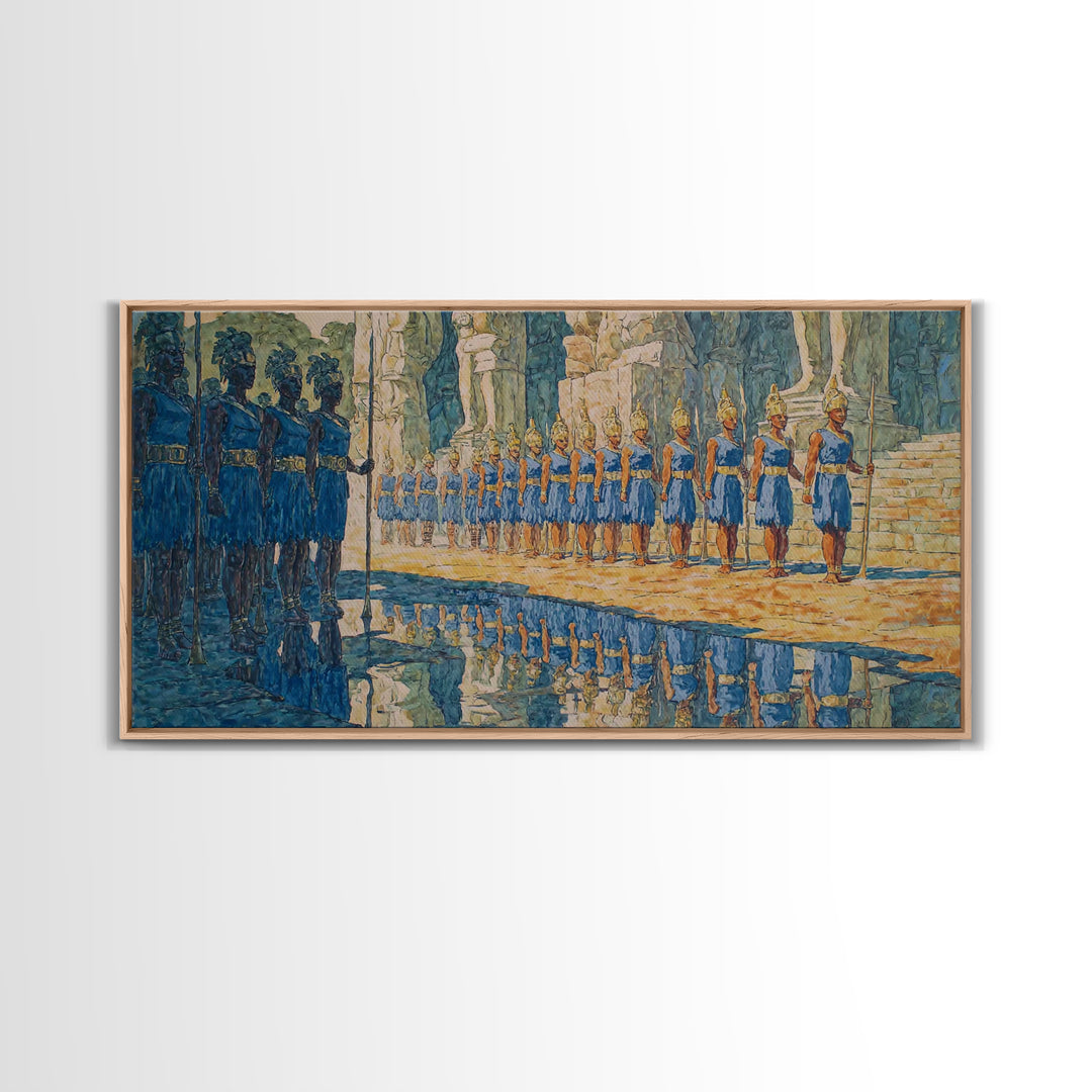 Blue Palace Guard Procession Canvas Print, African Warrior Art, Royal Cultural Wall Decor, Statement Living Room Artwork