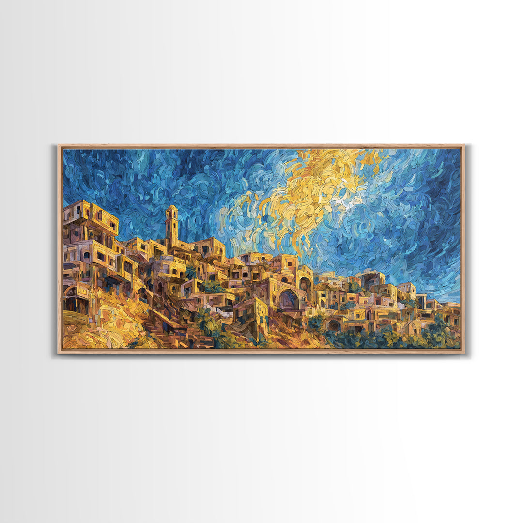 Swirling Sky Desert Village Framed Canvas Print, African Landscape Wall Art, Dreamy Blue Gold Home Decor, Unique Gift Idea