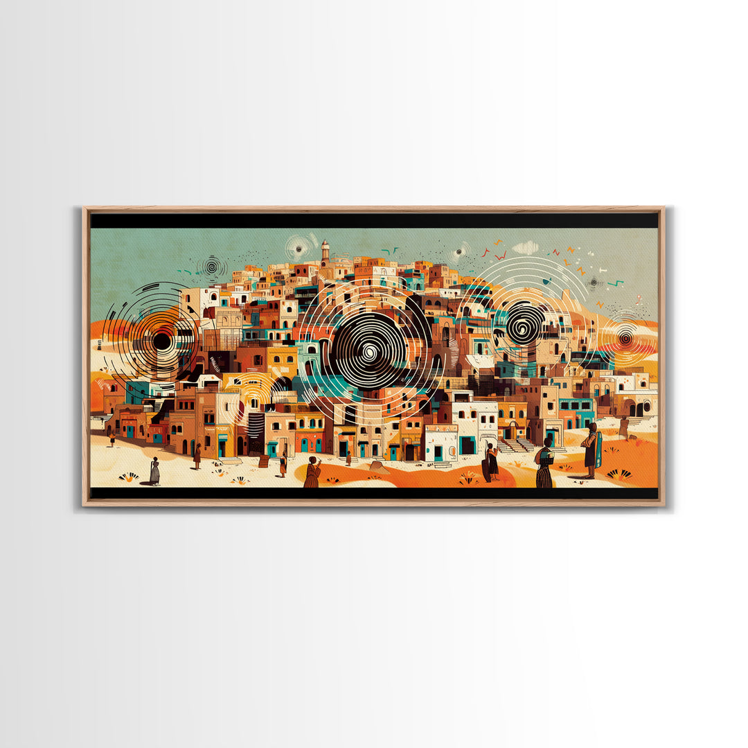 Panoramic Desert City With Circular Motifs Canvas Print, African Landscape, Modern Wall Art, Terracotta Home Decor Gift For Him