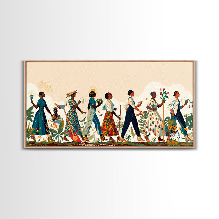 Elegant African Women Procession Wall Art, Floral Ankara Dresses, Feminine Afrocentric Decor, Black Woman Art Gift For Her