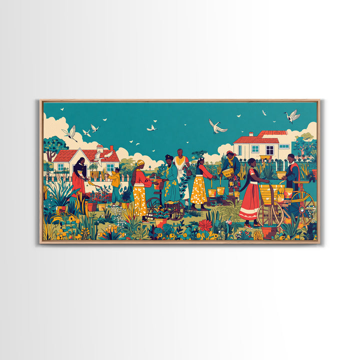 Joyful African Village Garden Canvas Print, Black Women Community Scene, Colorful Afrocentric Wall Decor, Housewarming Gift