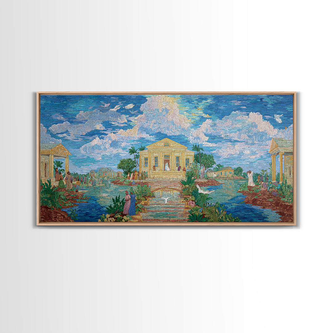 Dreamy Temple Lake Landscape Wall Art, Blue Impressionist Nature Scene, Spiritual African Inspired Decor, Elegant Home Gift