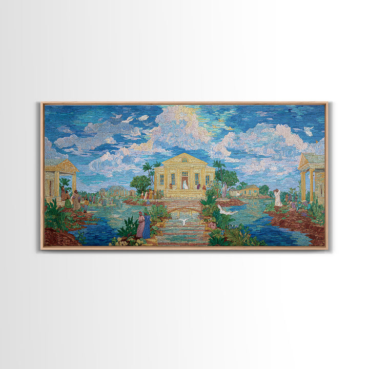 Dreamy Temple Lake Landscape Wall Art, Blue Impressionist Nature Scene, Spiritual African Inspired Decor, Elegant Home Gift