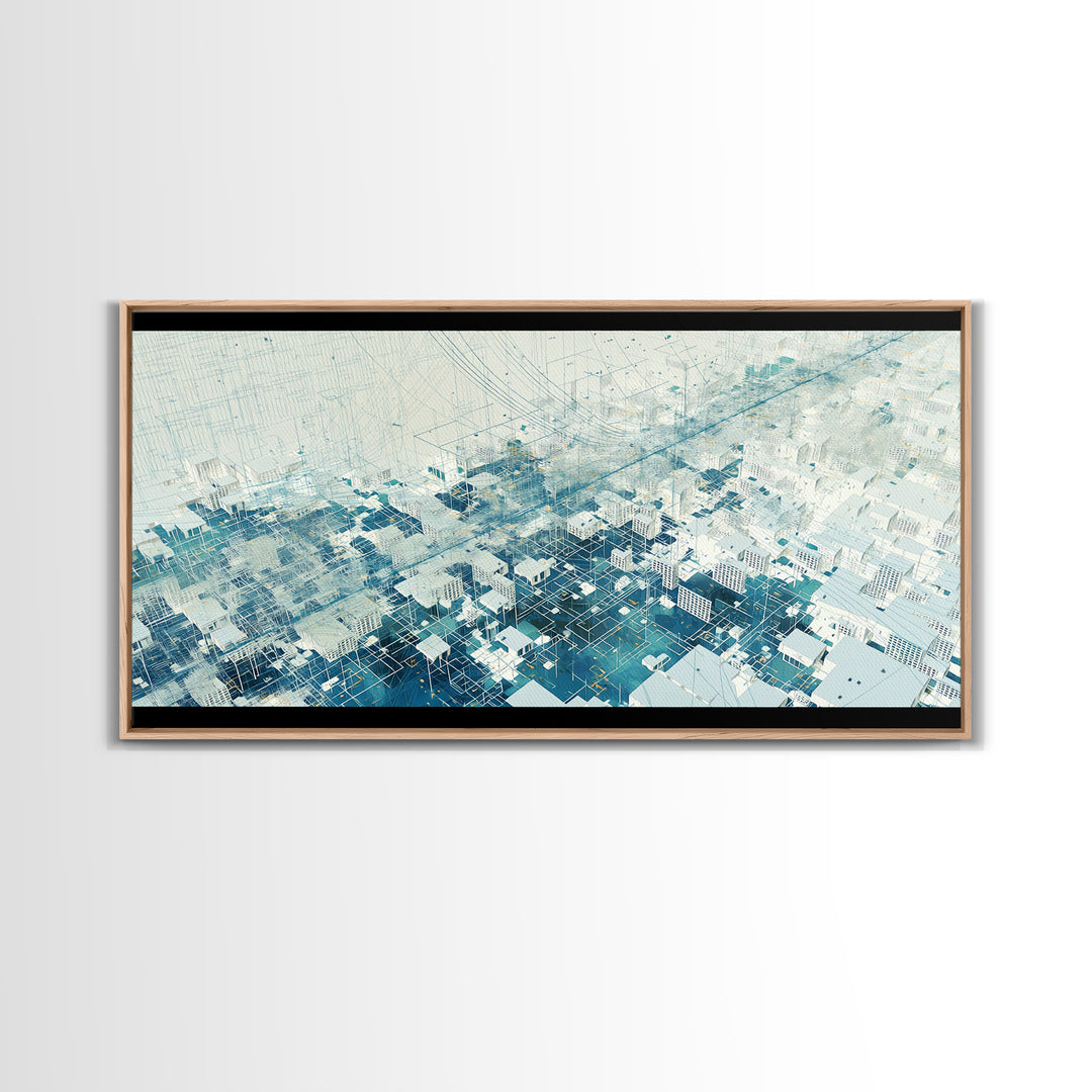 Abstract Blue City Grid Canvas Print, Minimalist Digital Landscape, Modern Wall Art, Cool Geometric Office Decor Art Gift