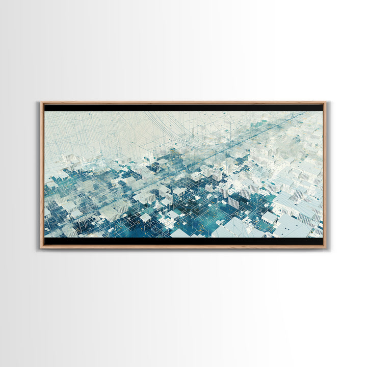Abstract Blue City Grid Canvas Print, Minimalist Digital Landscape, Modern Wall Art, Cool Geometric Office Decor Art Gift