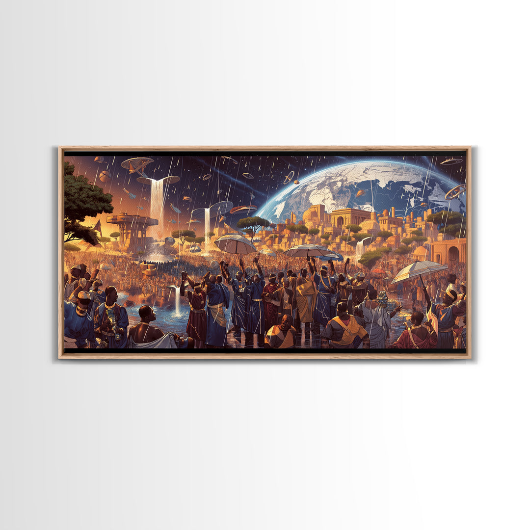 Afrofuturist African City Celebration Framed Canvas Print, Black Culture Art, Afrocentric Wall Art, Bold Home Decor, Statement Piece