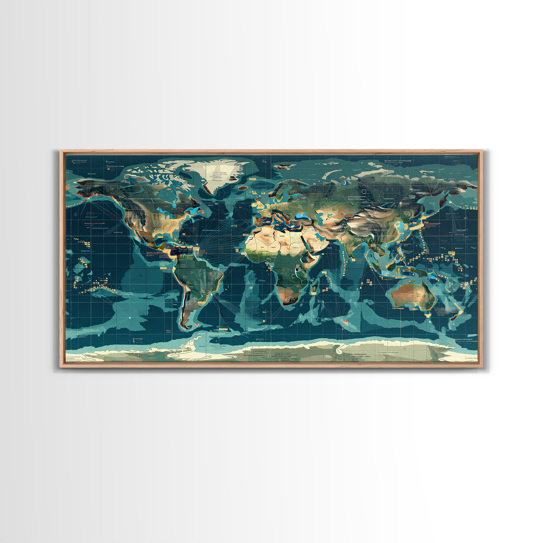 Teal Illustrated World Map Wall Art, Digital Art, Office Decor, Modern Wall Decor, Large Canvas Wall Art, Gift For Travelers