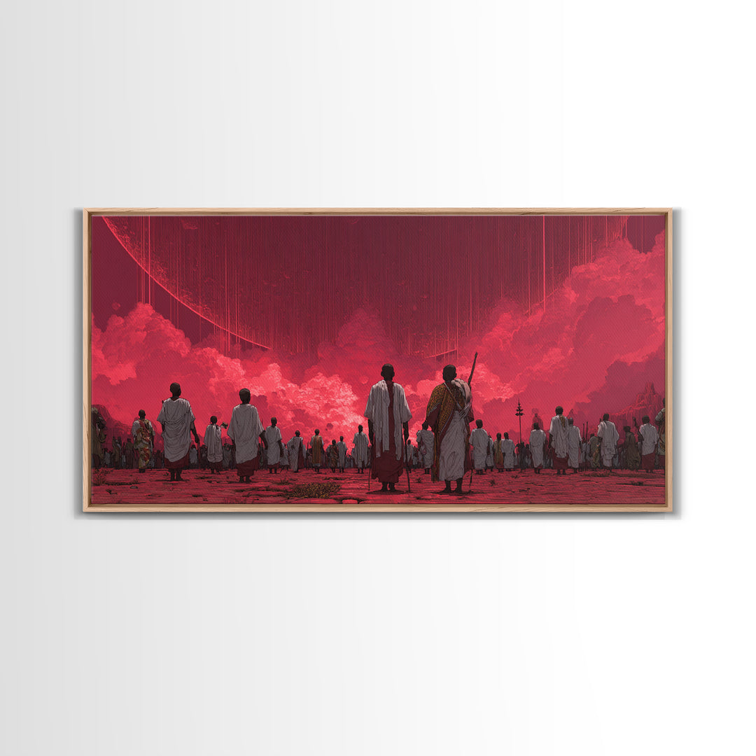 Red Dystopian Pilgrimage Landscape Framed Canvas Print, African Inspired Wall Art, Cultural Art, Bold Living Room Decor, Gift