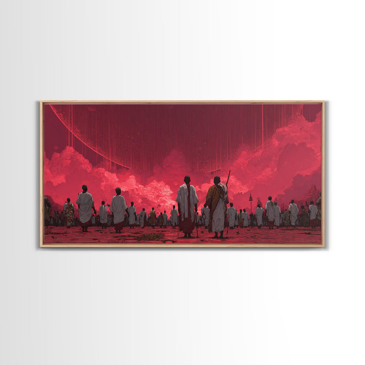 Red Dystopian Pilgrimage Landscape Framed Canvas Print, African Inspired Wall Art, Cultural Art, Bold Living Room Decor, Gift