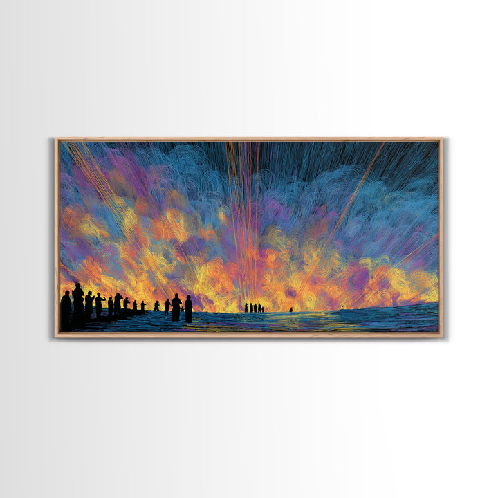 Cosmic Sunset Figures By The Sea Canvas Print, Colorful Wall Decor, Modern Abstract Art, Statement Wall Art, Unique Gift