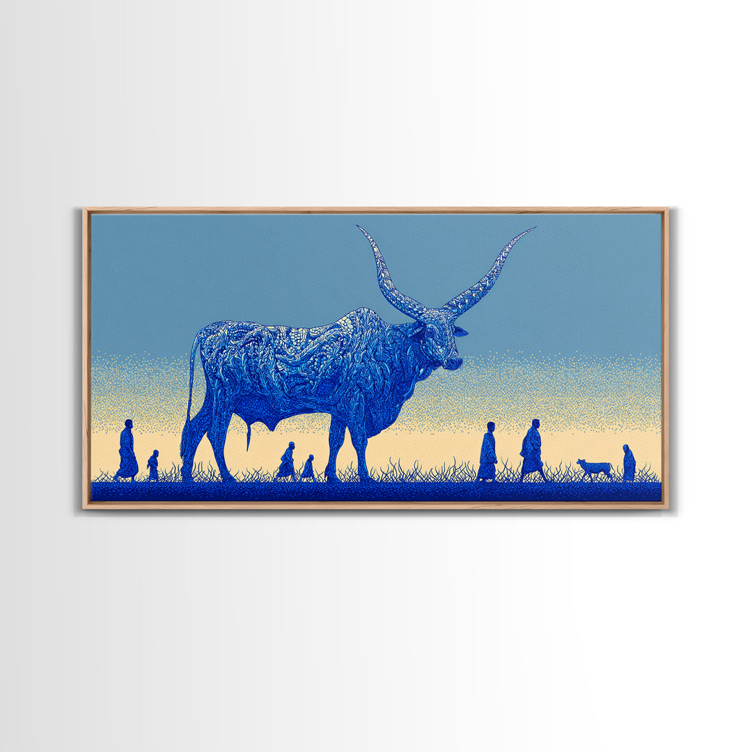 Giant Blue Longhorn Cattle Wall Art, African Animal Art Canvas Print, Safari Decor, Statement Living Room Wall Decor Gift