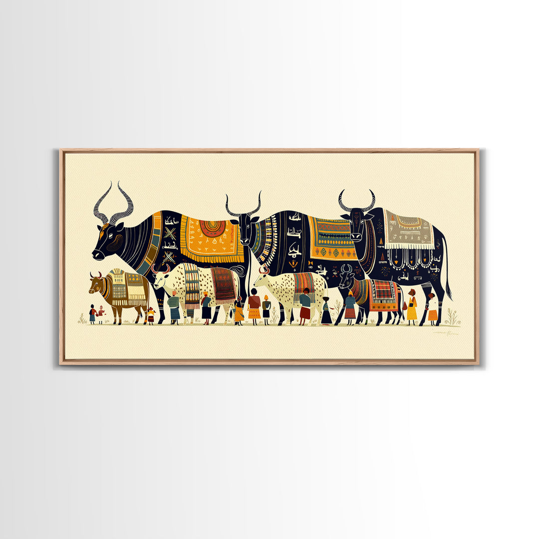 Patterned Watusi Cattle Parade Wall Art, African Fabric Canvas Print, Ankara Decor, Cultural Home Decor Unique Gift For Her