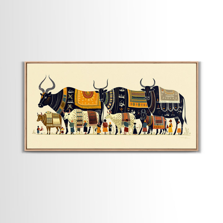 Patterned Watusi Cattle Parade Wall Art, African Fabric Canvas Print, Ankara Decor, Cultural Home Decor Unique Gift For Her