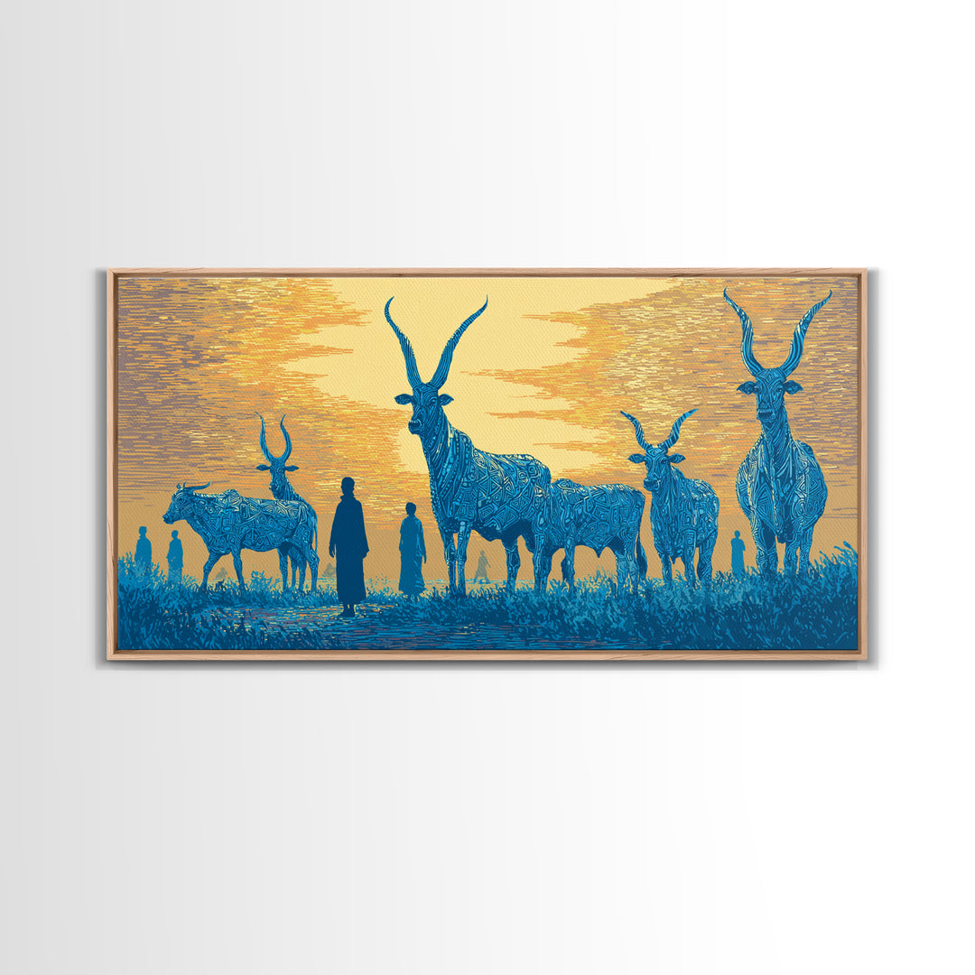 Blue Watusi Cattle Sunset Wall Art, African Safari Art Canvas Print, African Landscape, Rustic Living Room Decor Gift For Him