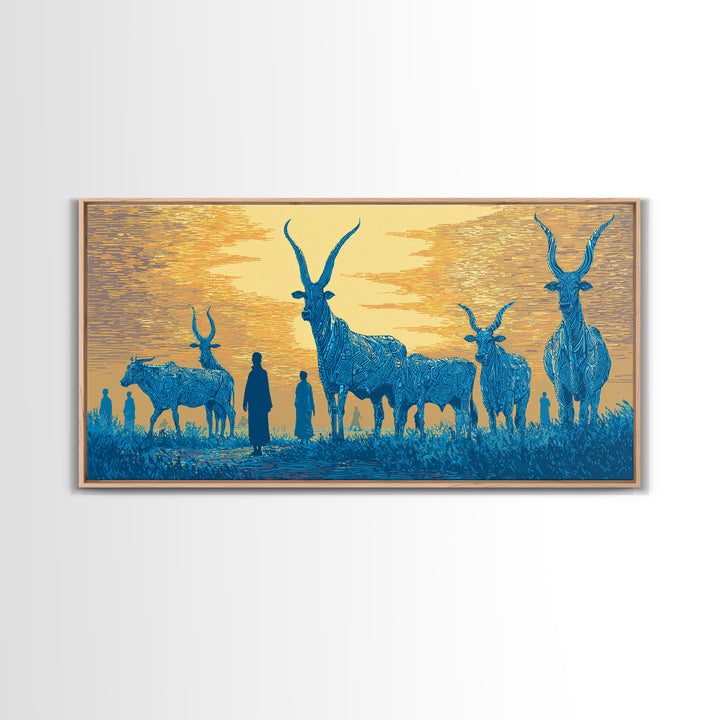 Blue Watusi Cattle Sunset Wall Art, African Safari Art Canvas Print, African Landscape, Rustic Living Room Decor Gift For Him