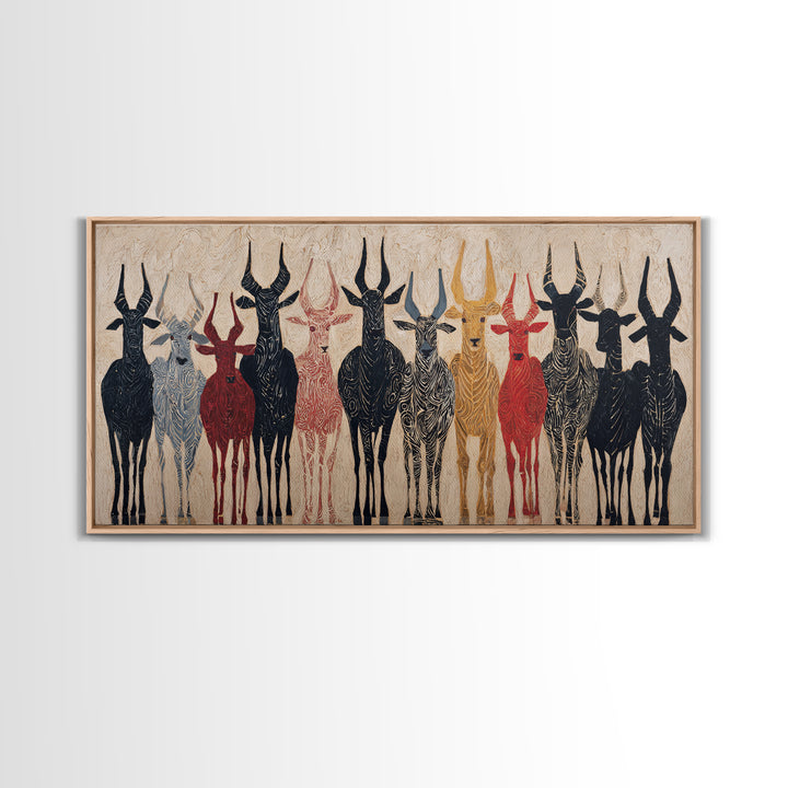 Tribal Antelope Herd Wall Art, African Tribal Art Canvas Print, Earth Tone Safari Decor, Bold Ethnic Wall Decor Gift For Home