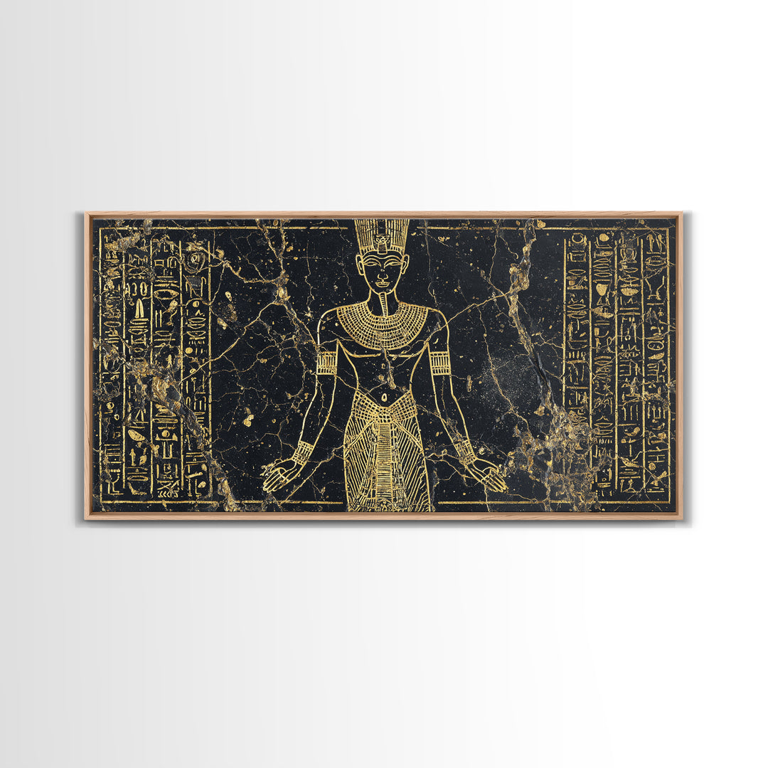 Gold Egyptian Queen Wall Art, African Egyptian Art Canvas Print, Hieroglyph Goddess Portrait, Black And Gold Home Decor Gift