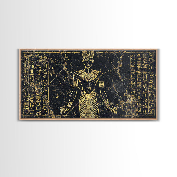 Gold Egyptian Queen Wall Art, African Egyptian Art Canvas Print, Hieroglyph Goddess Portrait, Black And Gold Home Decor Gift