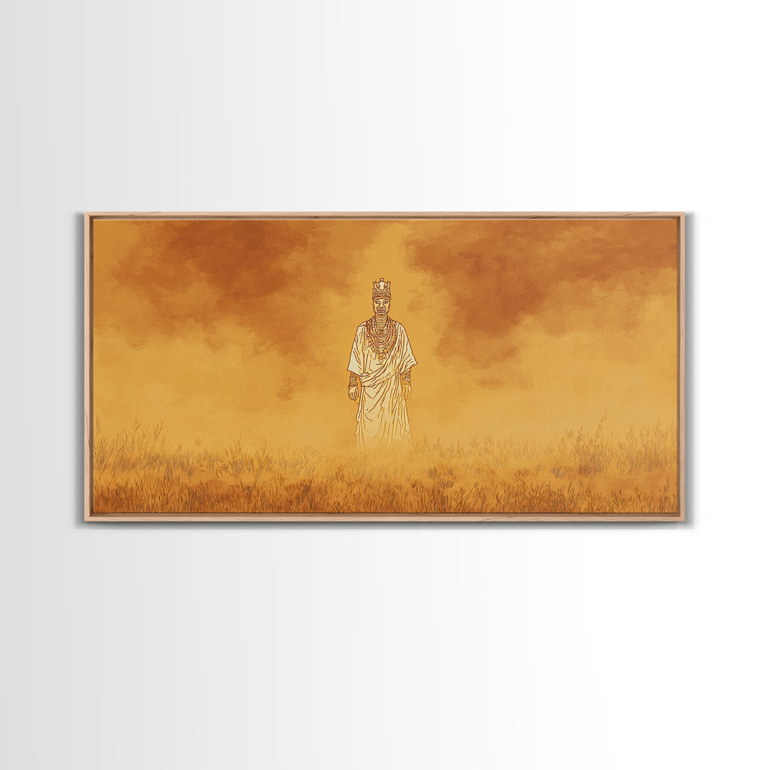 Golden African Spirit Figure Canvas Print, Mystical Savanna Landscape, Earth Tone Afrocentric Decor, Spiritual Wall Art Gift