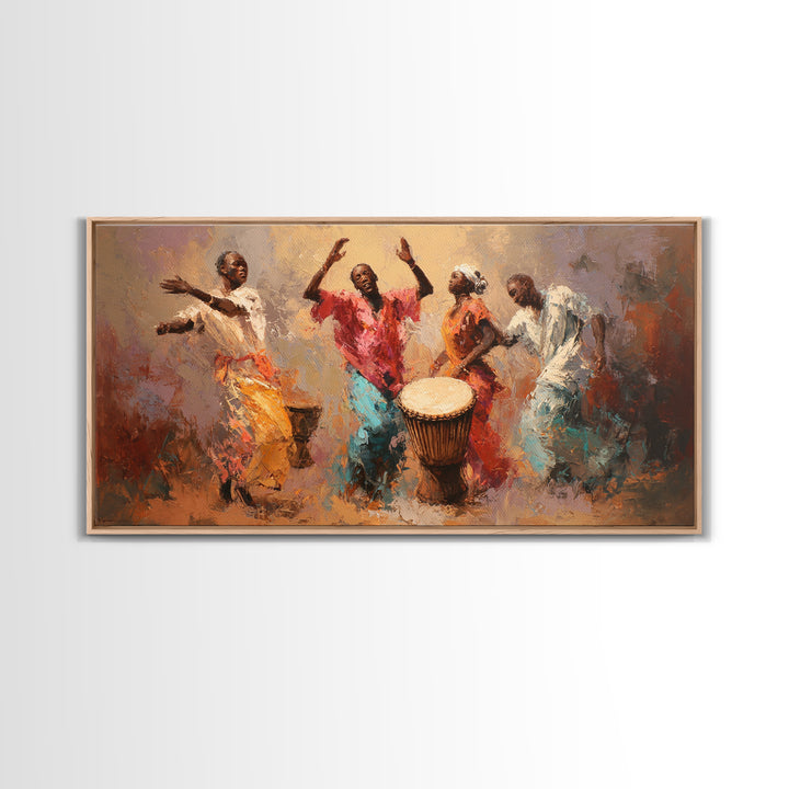 Joyful African Dancers With Drum Wall Art, Abstract Afrocentric Painting, Colorful Cultural Decor, Music Room Canvas Gift