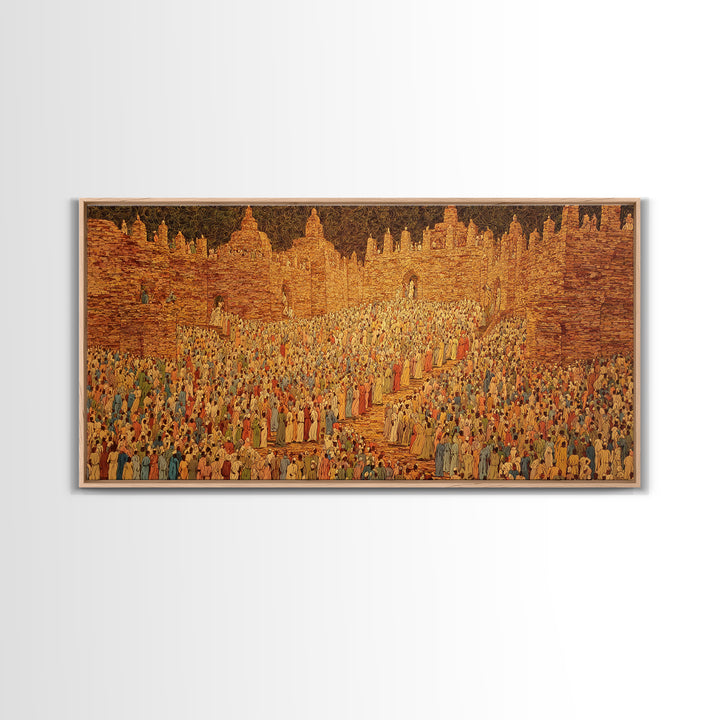 Golden West African City Crowd Canvas Print, Abstract Cultural Wall Decor, Ancient Architecture Art, Warm Earth Tone Gift