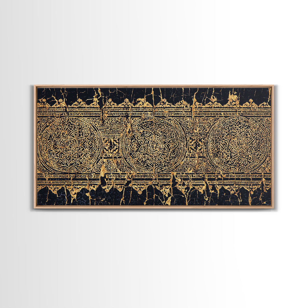 Gold Tribal Pattern Wall Art, African Abstract Textile Print, Black And Gold Decor, Boho Ethnic Home Decor Canvas Print Gift