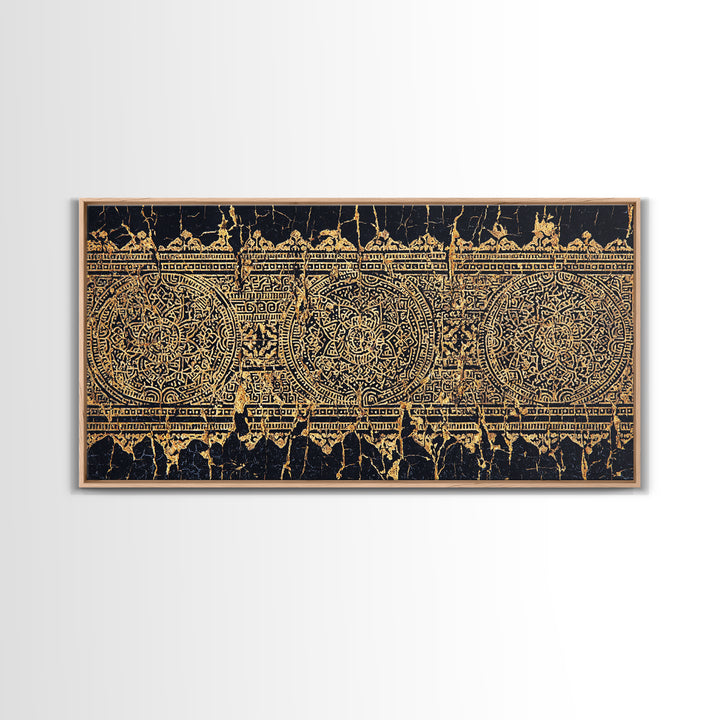Gold Tribal Pattern Wall Art, African Abstract Textile Print, Black And Gold Decor, Boho Ethnic Home Decor Canvas Print Gift