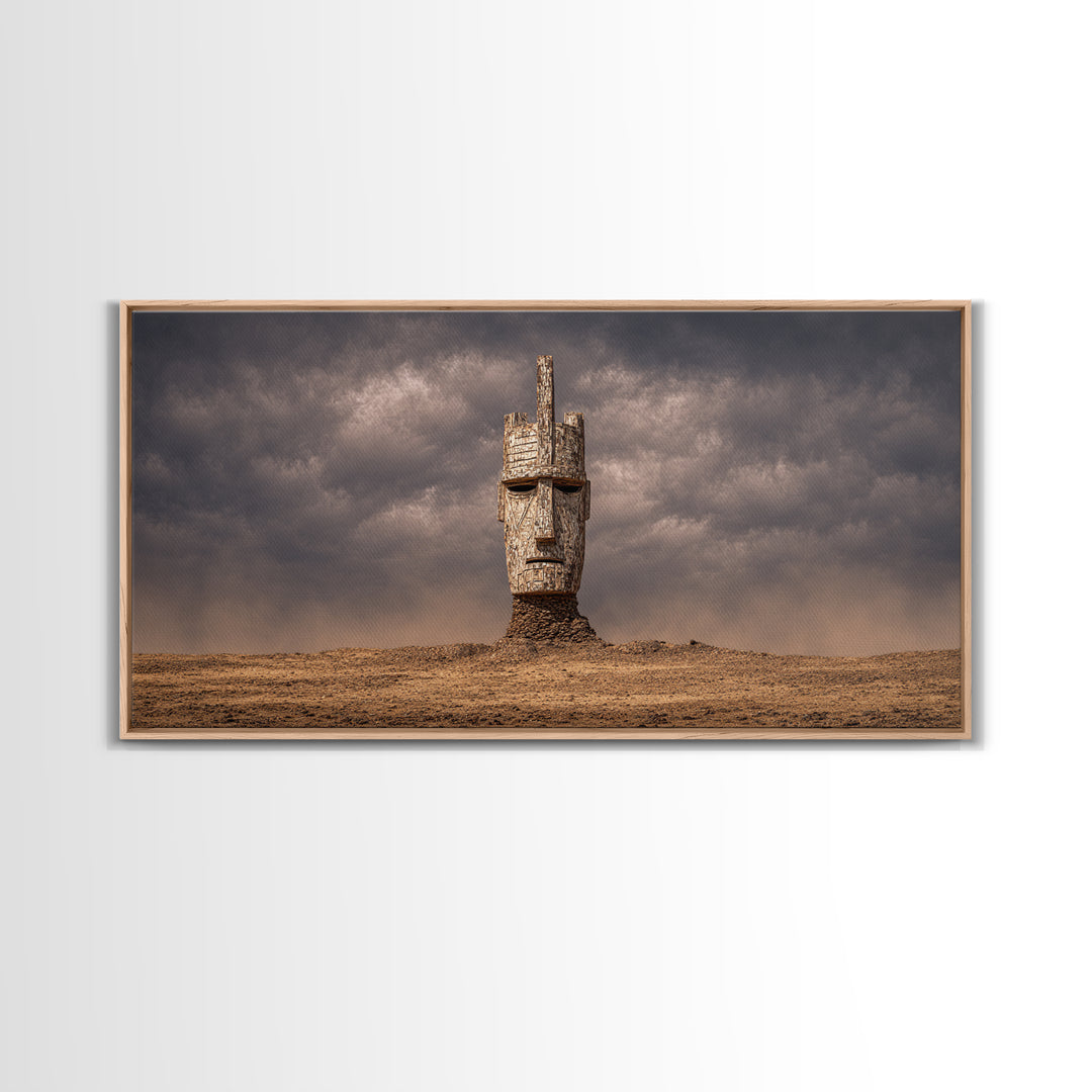 Weathered African Mask Framed Canvas Print, Desert Storm Sculpture Portrait, Tribal Wall Art, Mystical Cultural Decor Gift