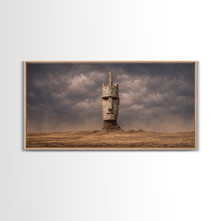 Weathered African Mask Framed Canvas Print, Desert Storm Sculpture Portrait, Tribal Wall Art, Mystical Cultural Decor Gift