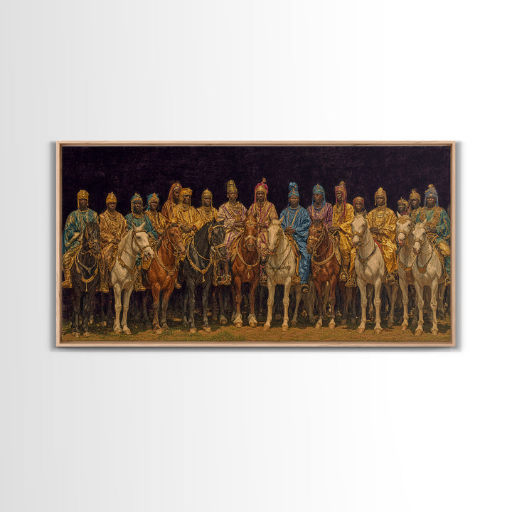 Golden African Royal Horsemen At Night Wall Art, Luxury Afrocentric Canvas Print, Traditional Tribal Decor, Statement Piece