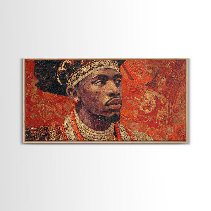Ornate African Royal Man Portrait Framed Canvas Print, Afrocentric Black Art, Gold Jewelry Canvas, Cultural Heritage Wall Art